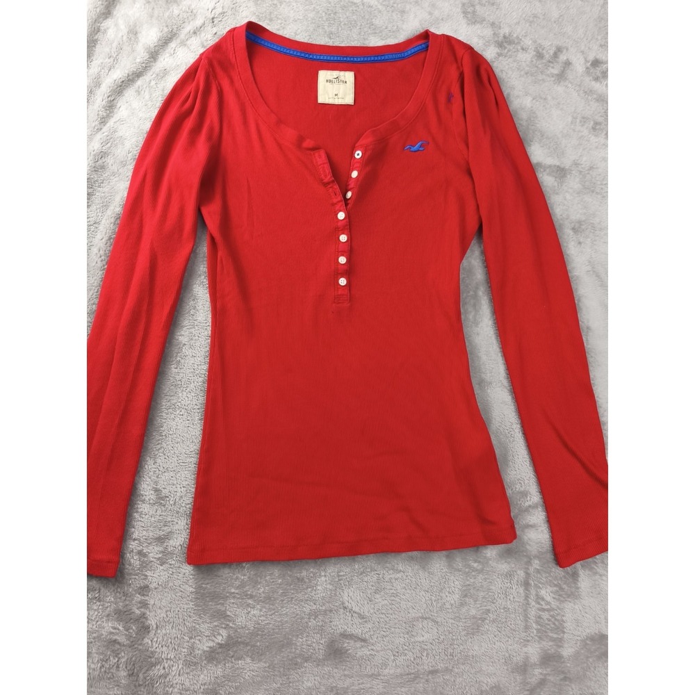 Hollister Red Ribbed Henley Top Womens Medium Long Sleeve Stretch